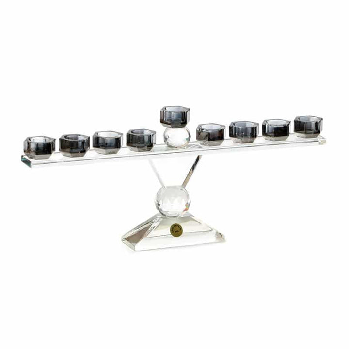 Crystal menorah with gray tint cups on a crystal sphere stem