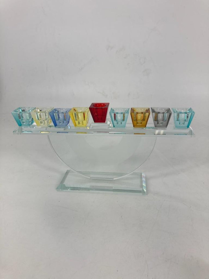 Crystal menorah with multicolor cups on a half round clear stand