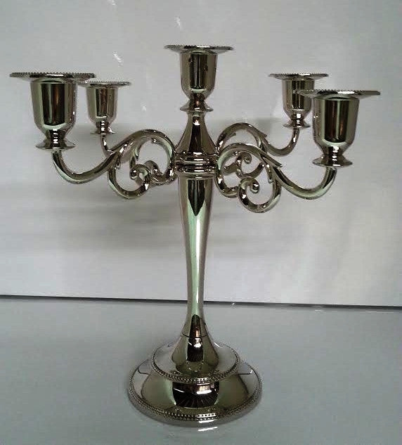 nickel-finish five-branch candelabra with ornamental scrollwork