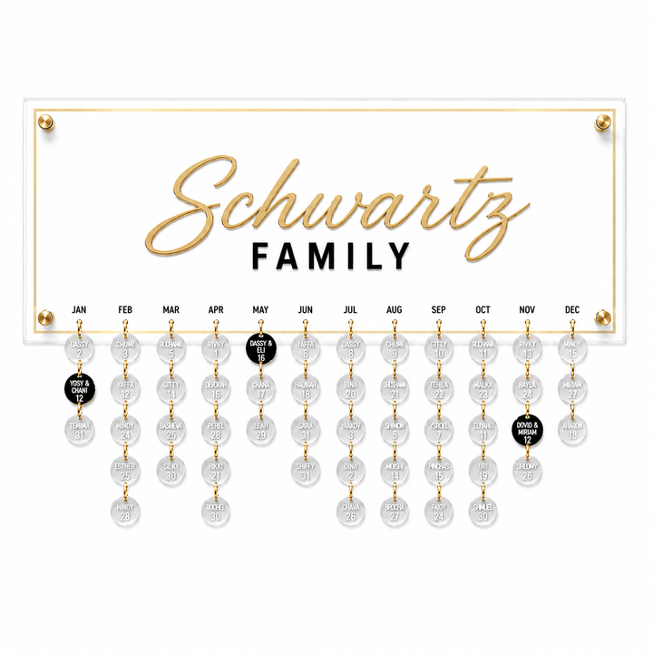 Personalized lucite family calendar with 'Schwartz Family' in gold script and hanging date circles for each month