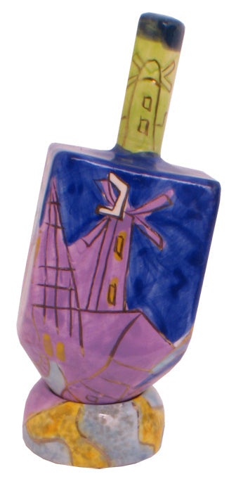 Ceramic Karshi Dreidel + Stand  - Jerusalem (DR-5941)