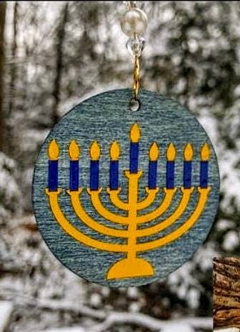 Menorah Ornaments — hand-painted wood hanging decorations on twine | Judaica Square Lakewood (view 9)