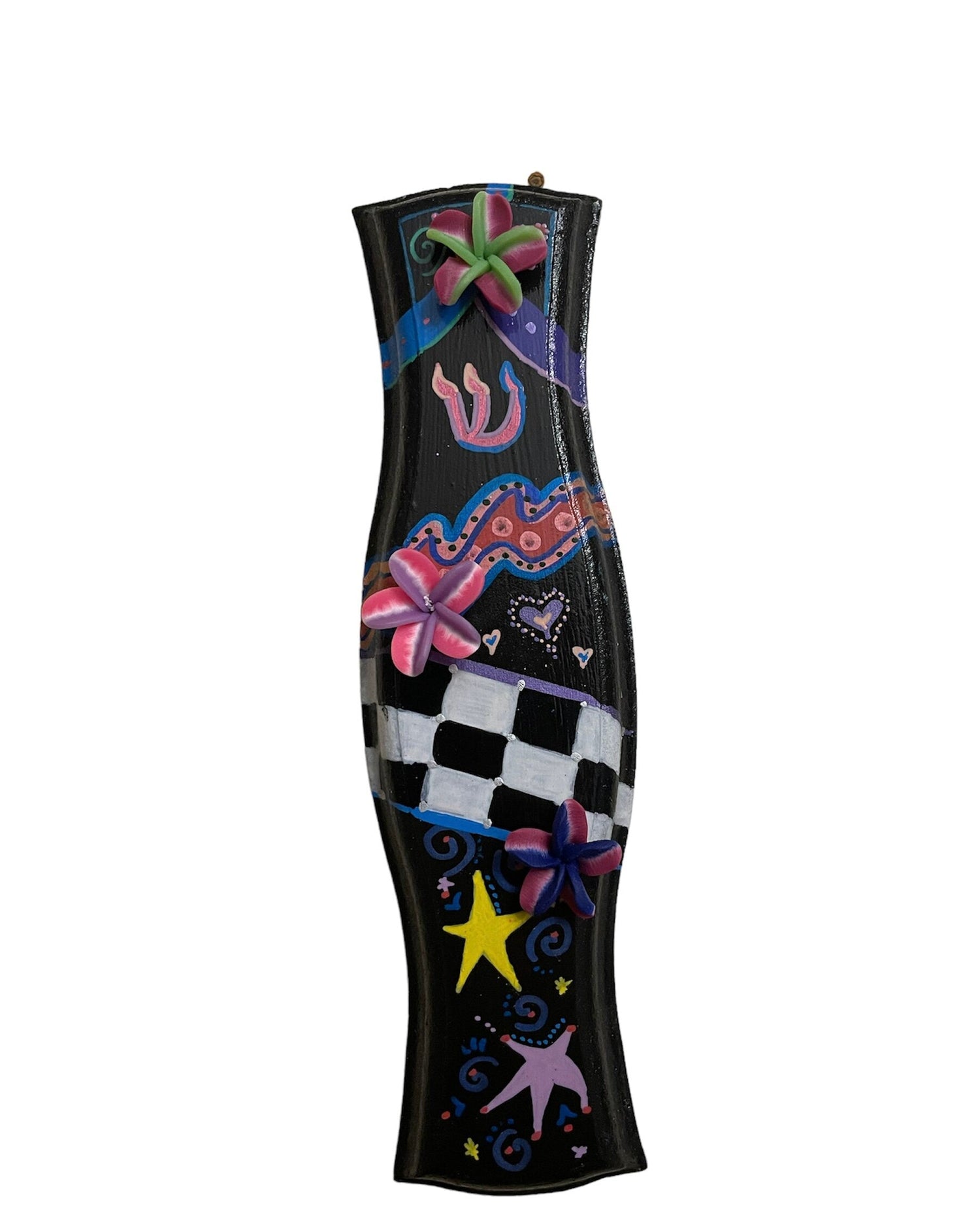 Hand-painted mezuzah cases — checkerboard, leafy vine and glitter mosaic designs | Judaica Square Lakewood (view 2)