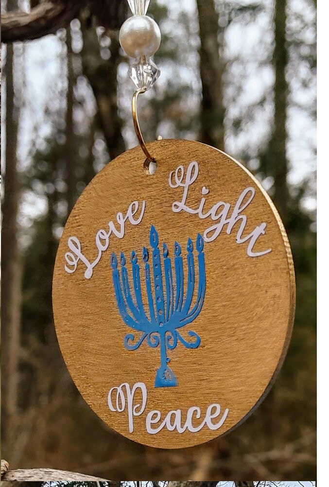 Menorah Ornaments — hand-painted wood hanging decorations on twine | Judaica Square Lakewood (view 4)