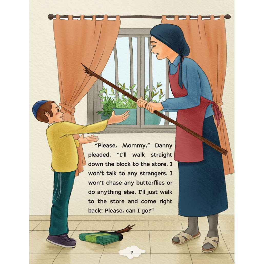 Interior illustration — Danny reaches up to Mommy, begging to go to the store himself