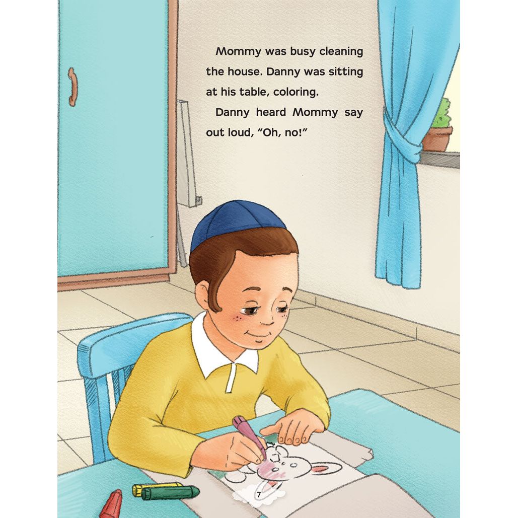 Interior illustration — Danny coloring at his table while Mommy discovers the broken broom
