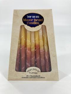 Front of a box of 45 handcrafted Chanukah candles in cream, yellow and burgundy tones