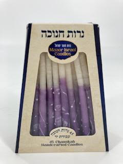 Windowed box of 45 purple and white handcrafted Chanukah candles