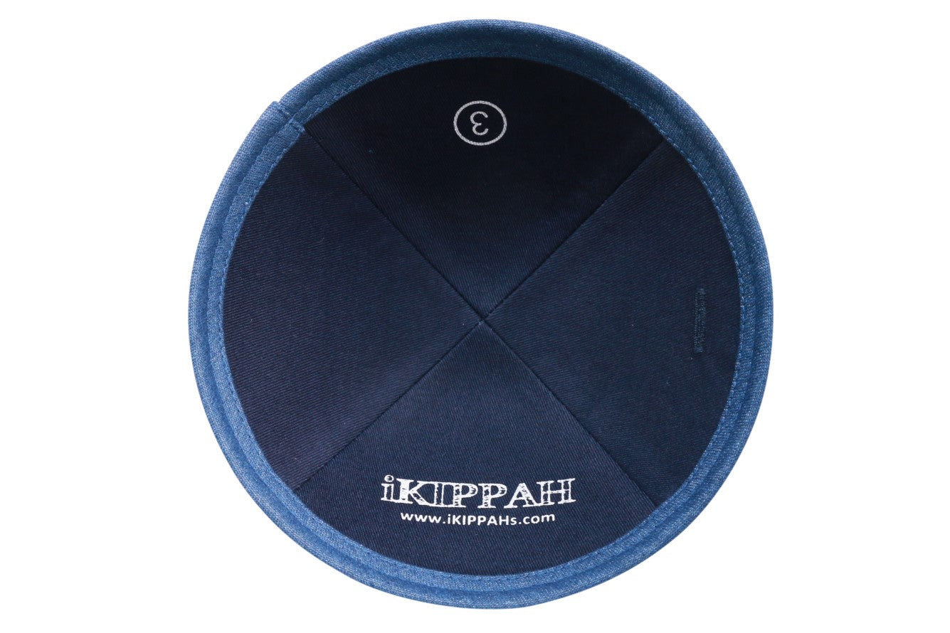 Close-up of Navy Denim Kippah rim trim detail