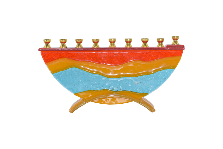 Glass menorah with wavy red, orange and turquoise bands