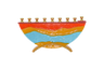 Glass menorah with wavy red, orange and turquoise bands