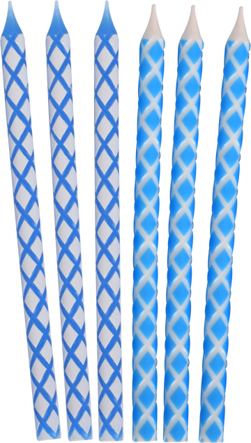 Blue and white Chanukah candles with a diamond lattice etched along each candle