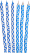 Blue and white Chanukah candles with a diamond lattice etched along each candle