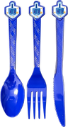 Blue plastic spoon, fork and knife with blue and white dreidel tops