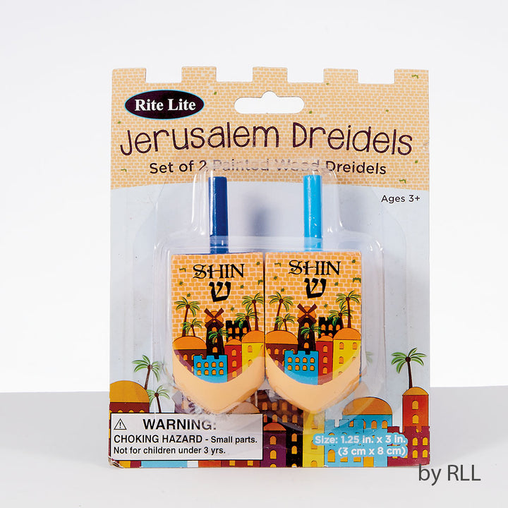 Rite Lite 2 Jerusalem Decorated Wood Dreidels, 3 Inch High