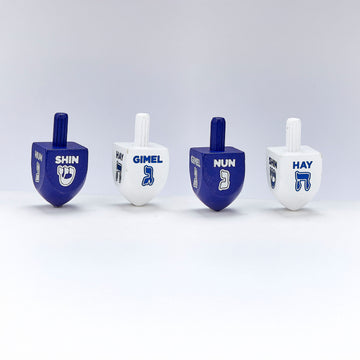 Small blue and white hot stamped wood dreidels, pack of 5, 1.5 inch