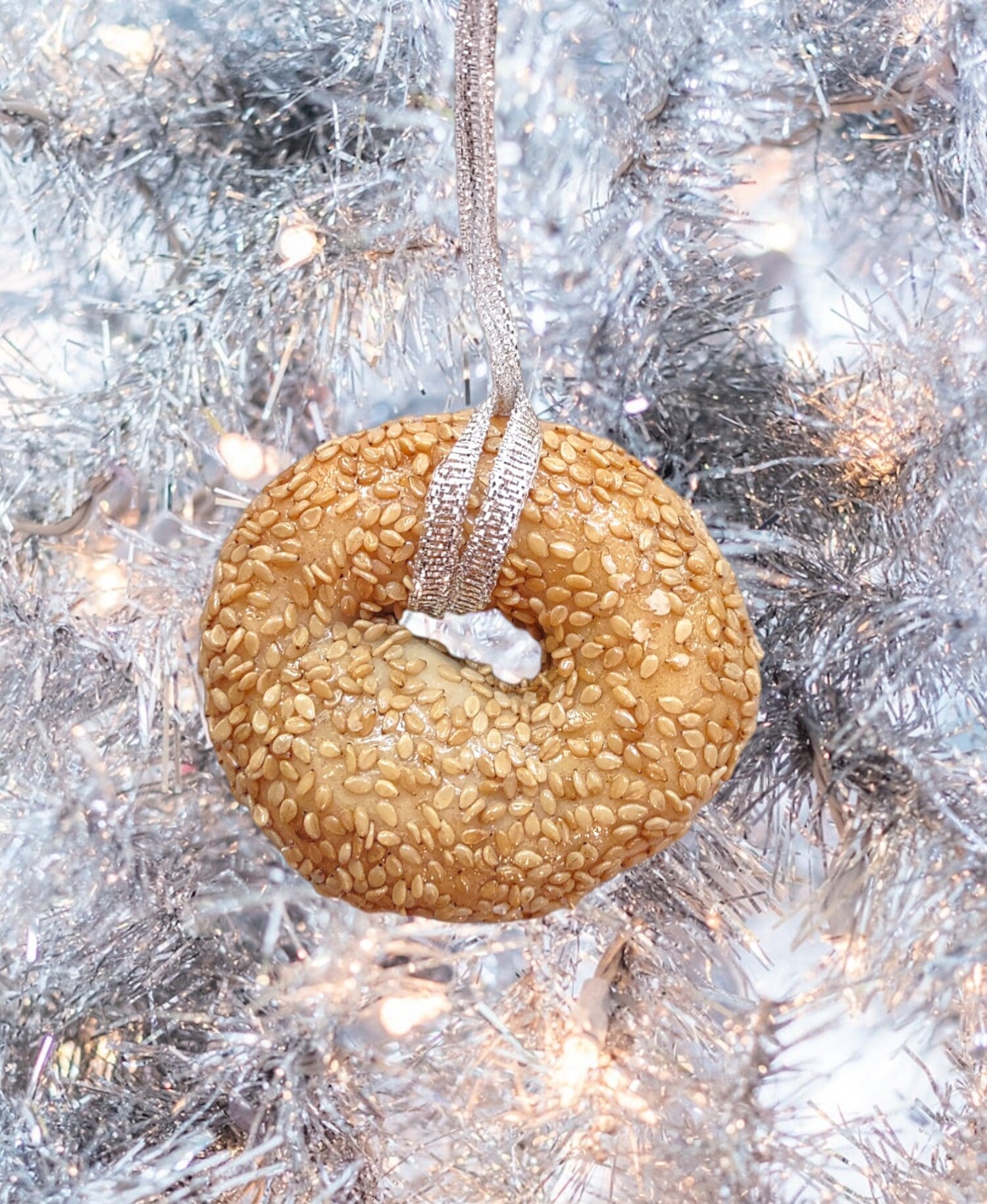 Real preserved everything bagel ornament hanging from a ribbon loop | Judaica Square Lakewood (view 7)