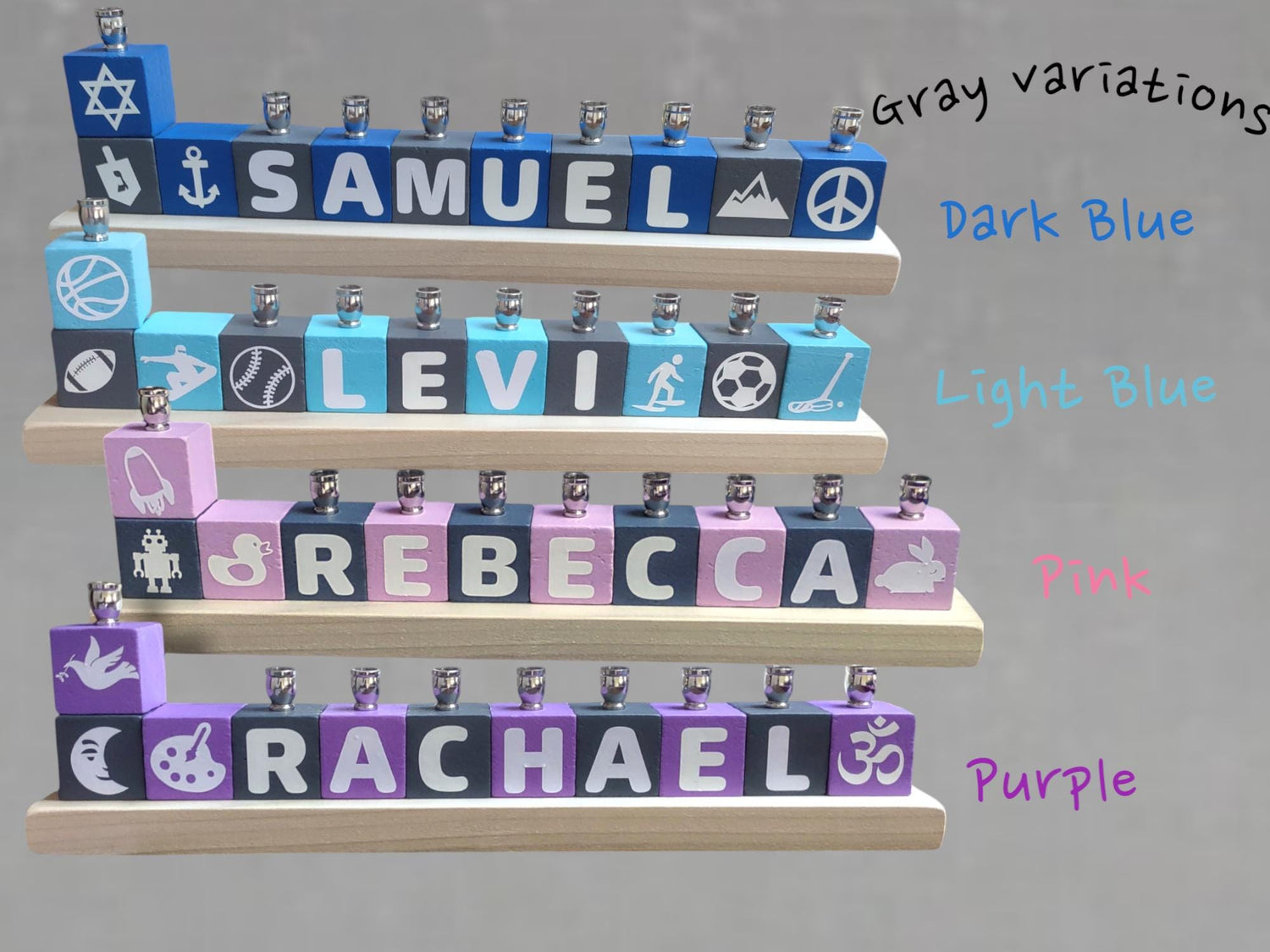 Personalized name block menorah — hand-painted blocks with vinyl letters and nickel cups | Judaica Square Lakewood (view 8)