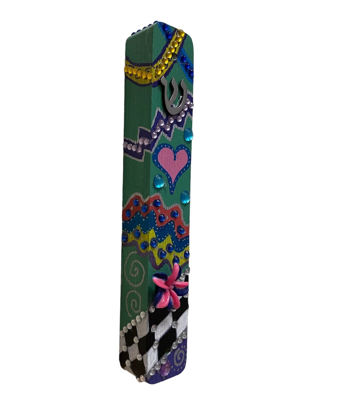 Hand-painted mezuzah cases — checkerboard, leafy vine and glitter mosaic designs | Judaica Square Lakewood (view 6)