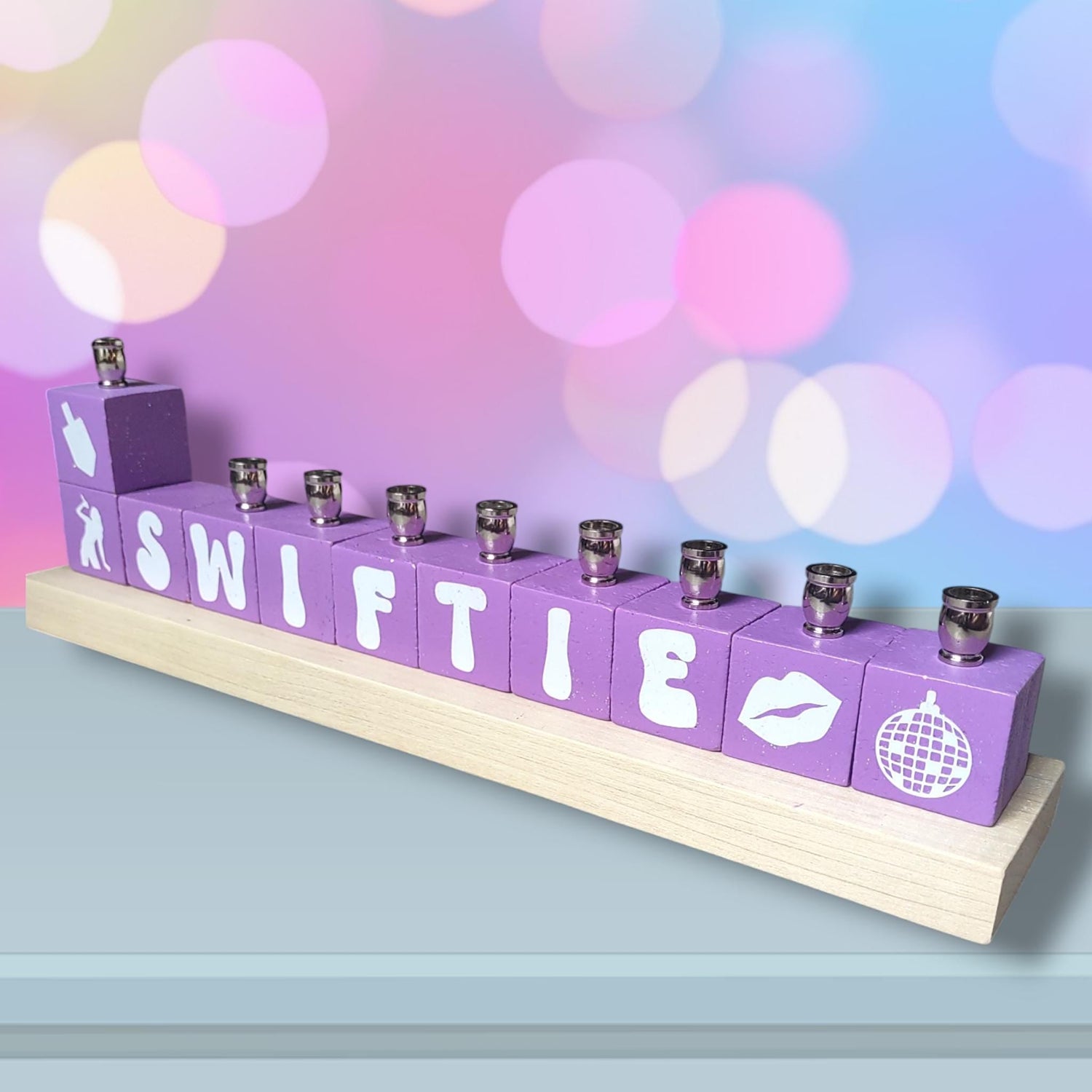 Swiftie menorah — personalized glitter name blocks in lavender with icons | Judaica Square Lakewood (view 4)