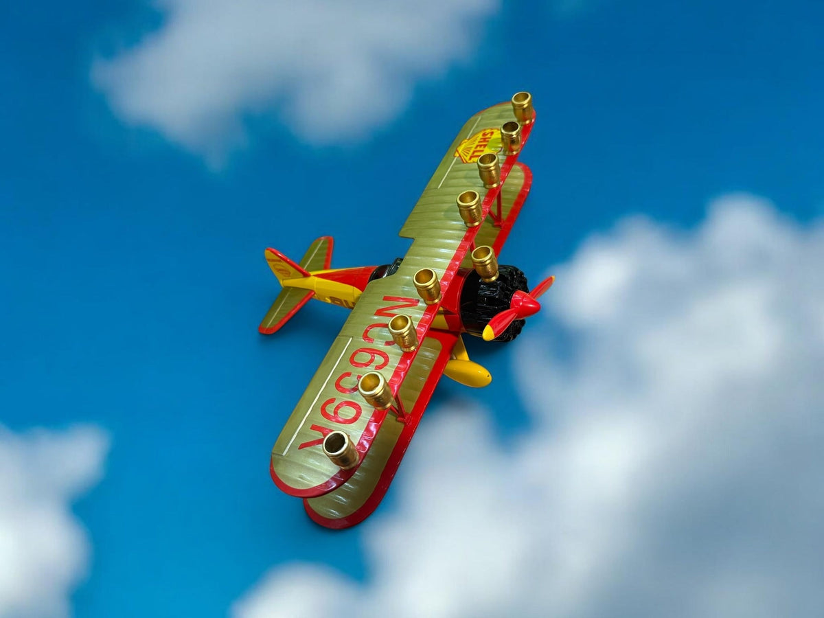Airplane Menorah, orange and green biplane menorah (Gold Shell)