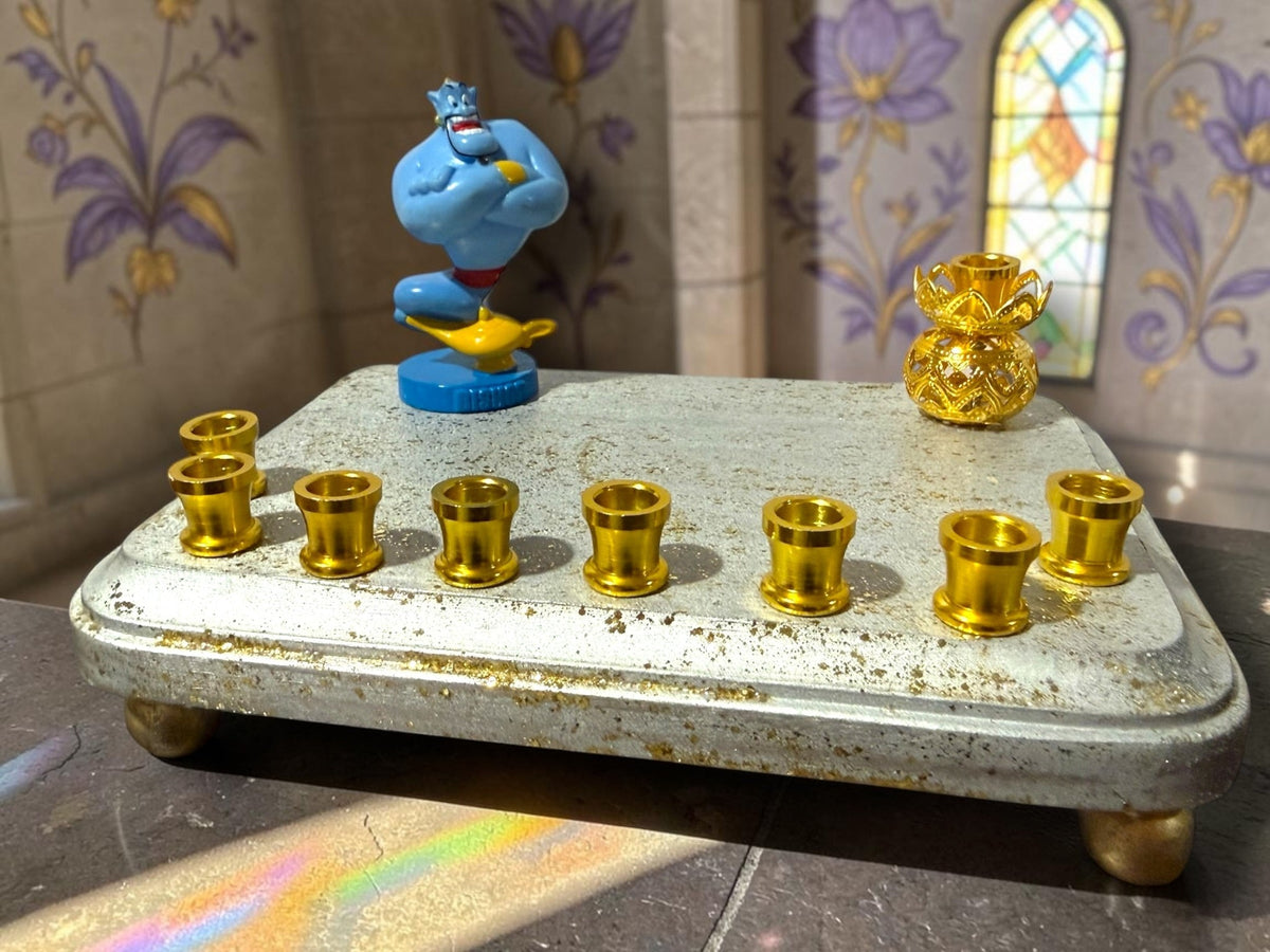 Aladdin Genie Menorah Classic Disney Judaica Hannukah, genie menorah in a stained-glass room