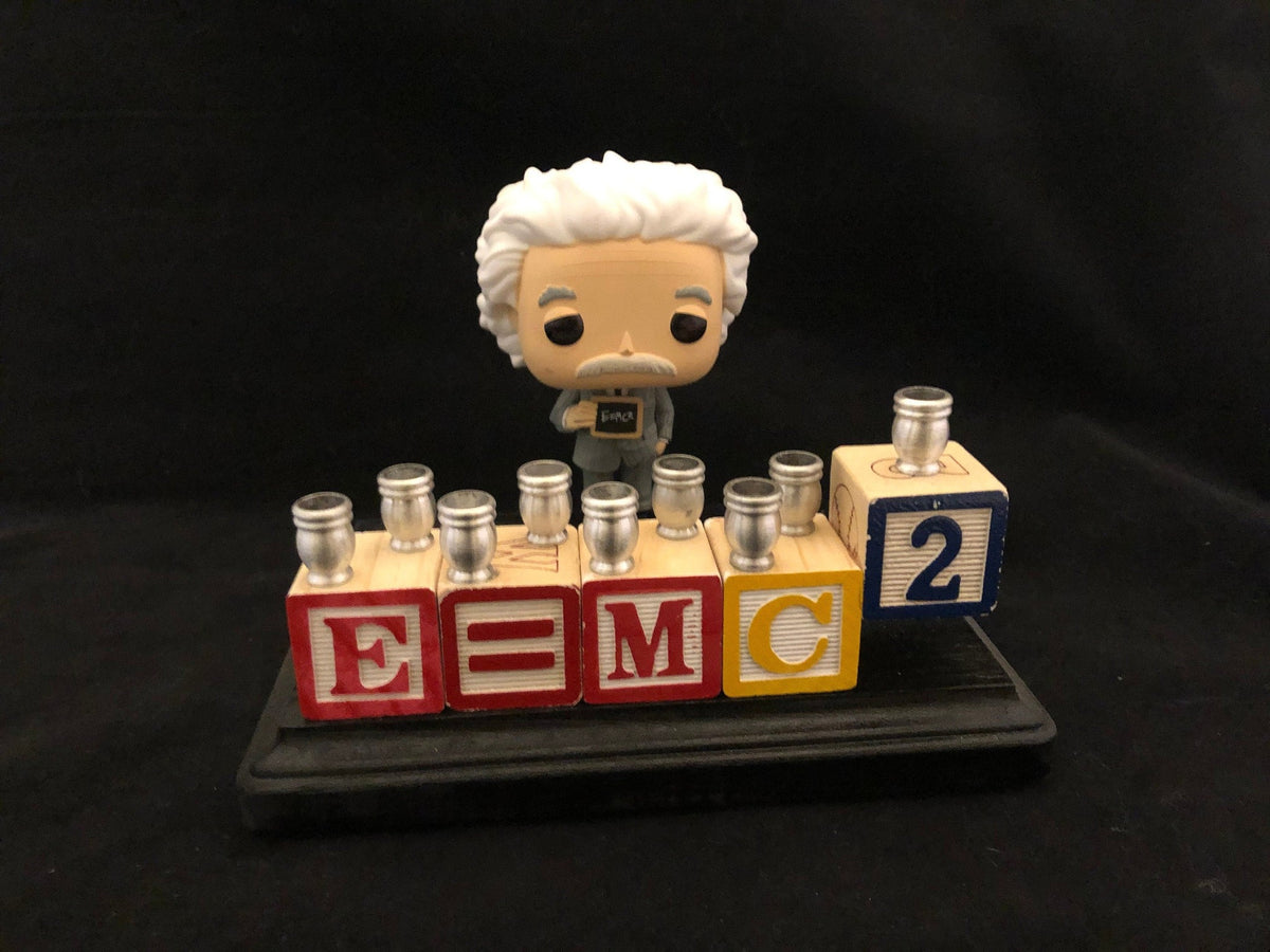Einstein menorah on black, angled view