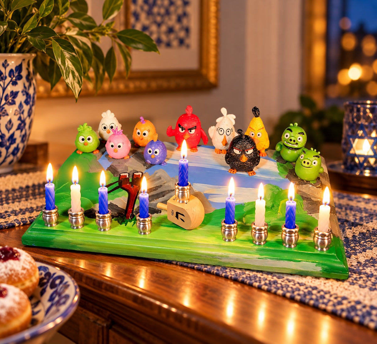 Angry Birds menorah with lit candles on a table