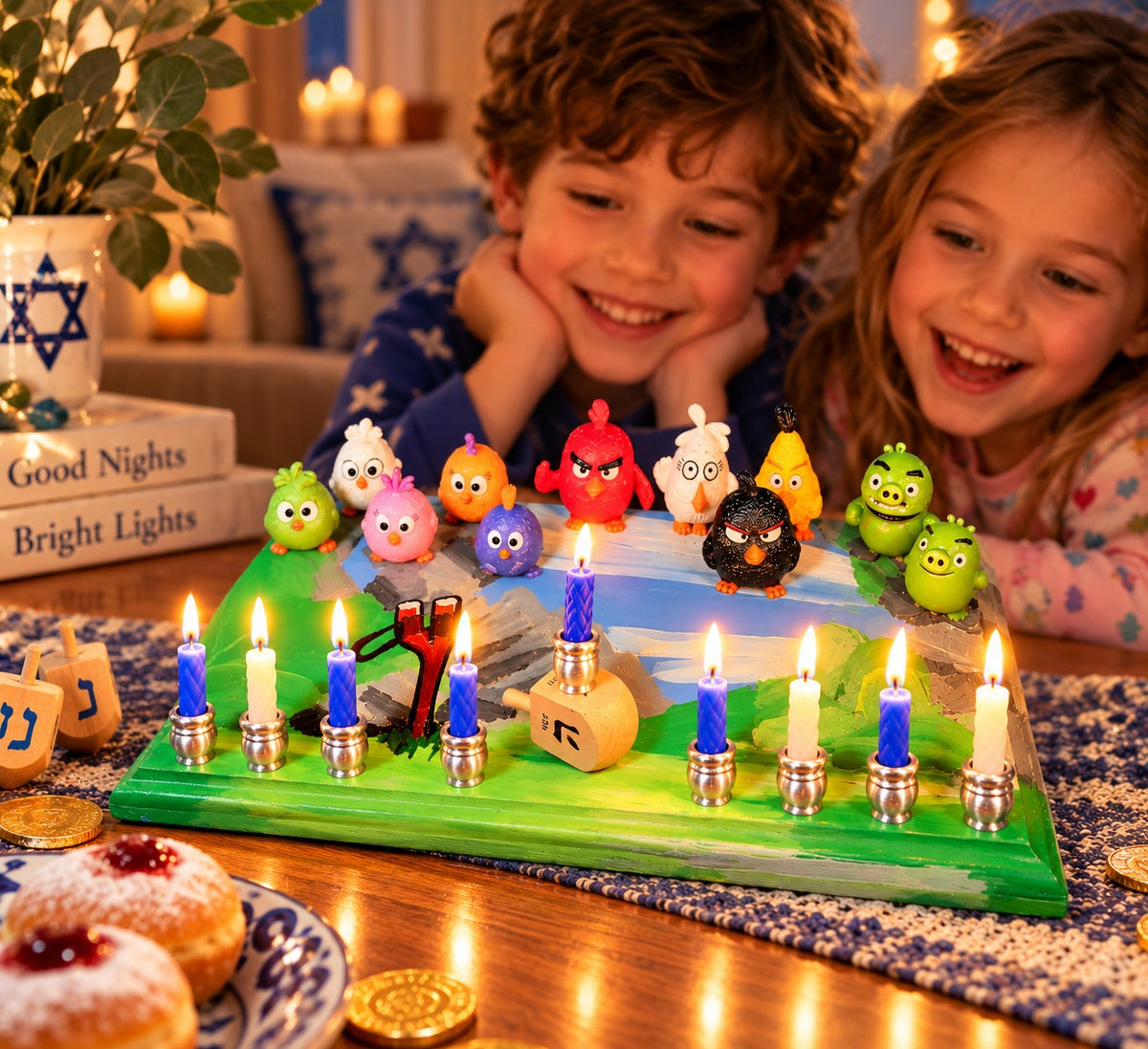 Angry Birds menorah with two smiling children behind