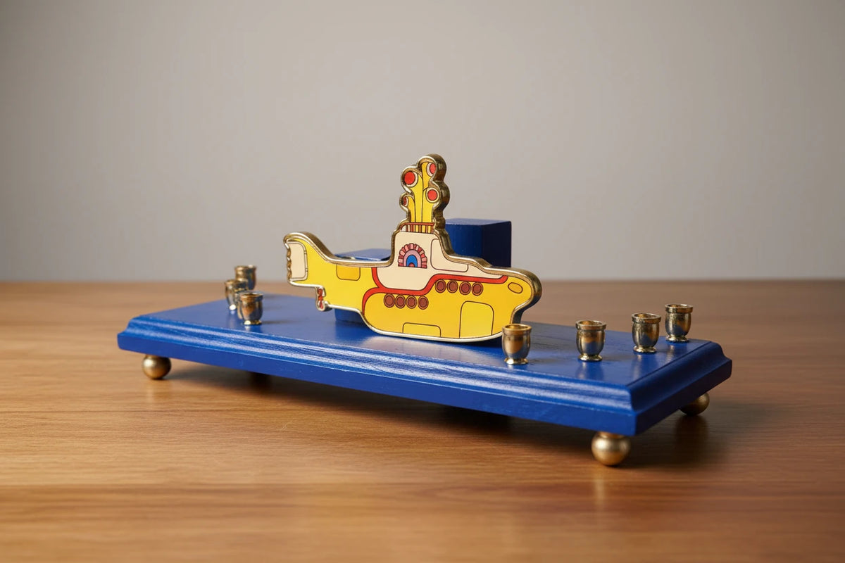 Beatles menorah, yellow submarine bottle opener magnet on painted wood base