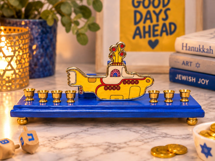 Yellow submarine figure on a blue menorah base