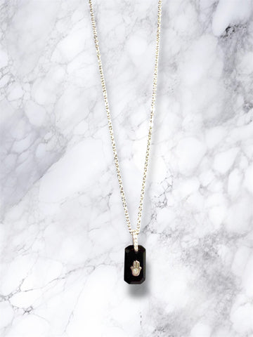 Black onyx hamsa necklace, sterling silver pendant with cubic zirconia