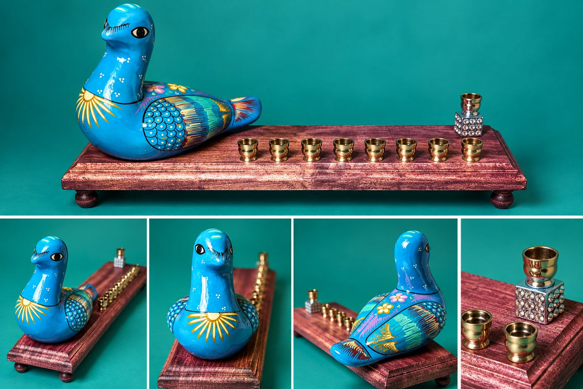 Collage of the blue ceramic bird menorah