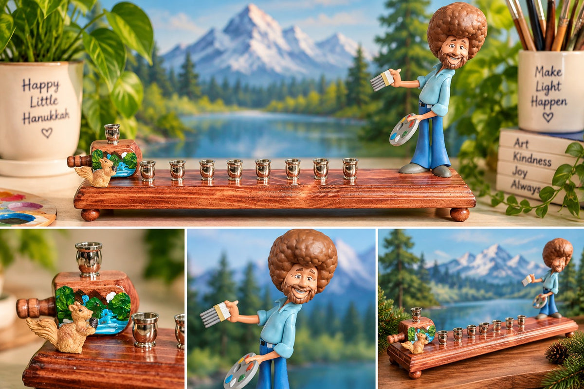 Collage of the Bob Ross menorah