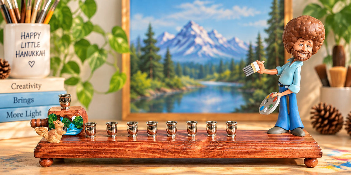 Bob Ross menorah with a mountain landscape painting