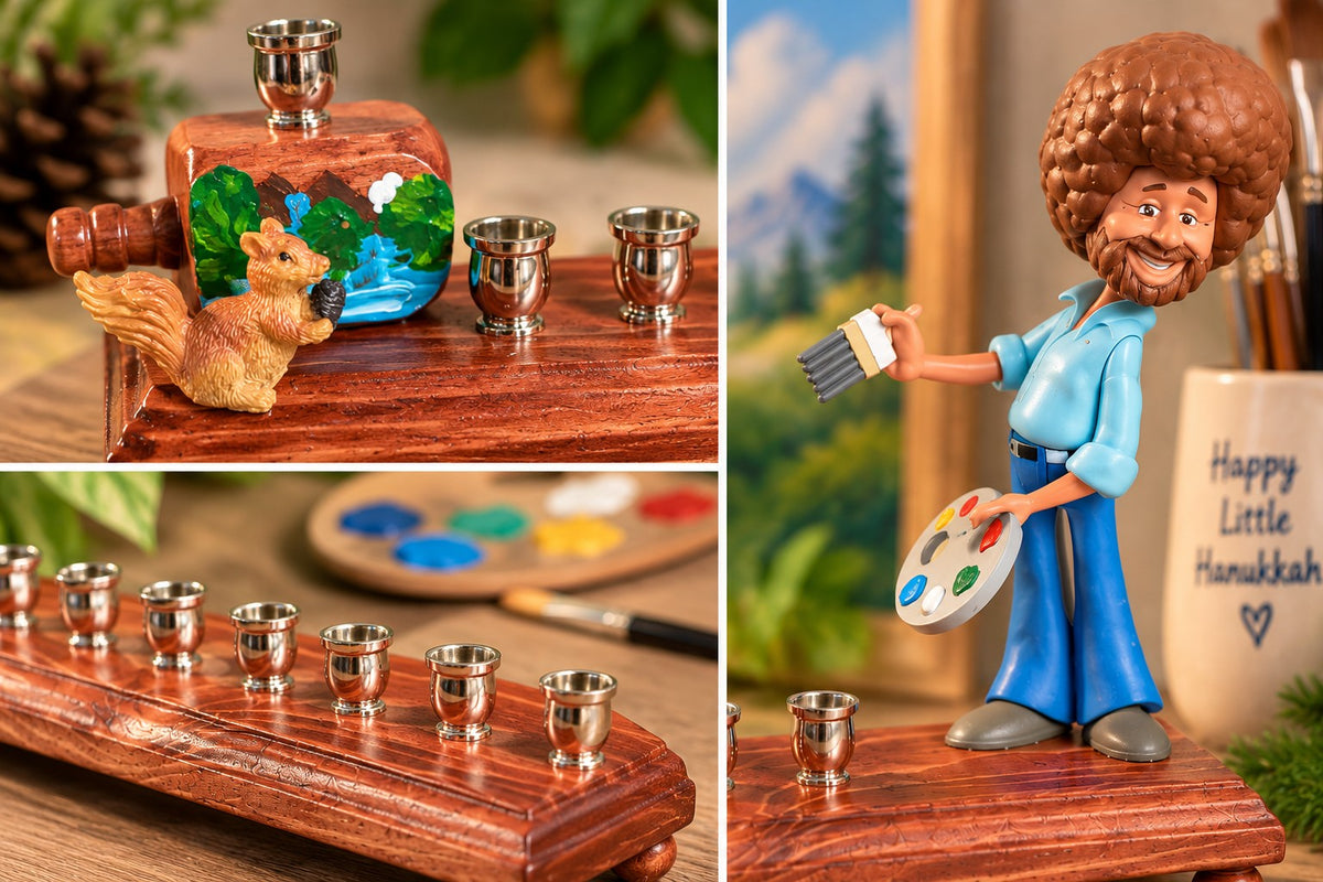 Close-ups of the Bob Ross figure and squirrel