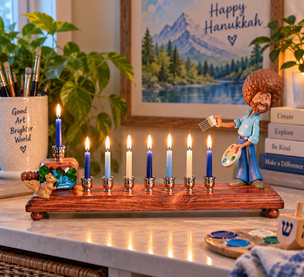 Bob Ross menorah with candles lit