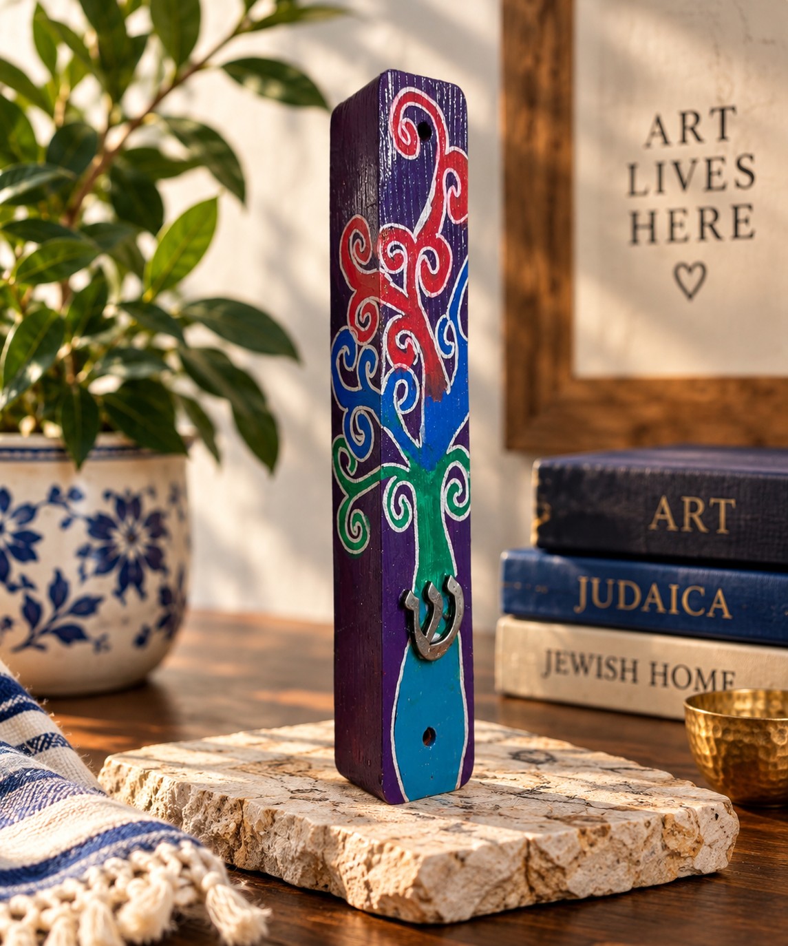 Branches of Blessings Tree of Life Mezuzah Case, hand-painted mezuzah case standing on a stone coaster beside a plant