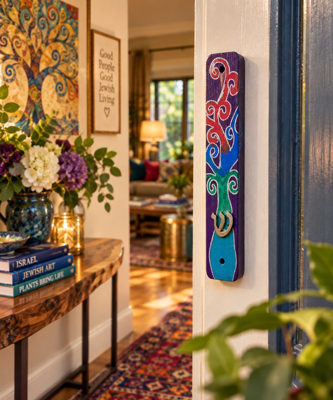 Tree of life mezuzah case on a doorpost in a hallway