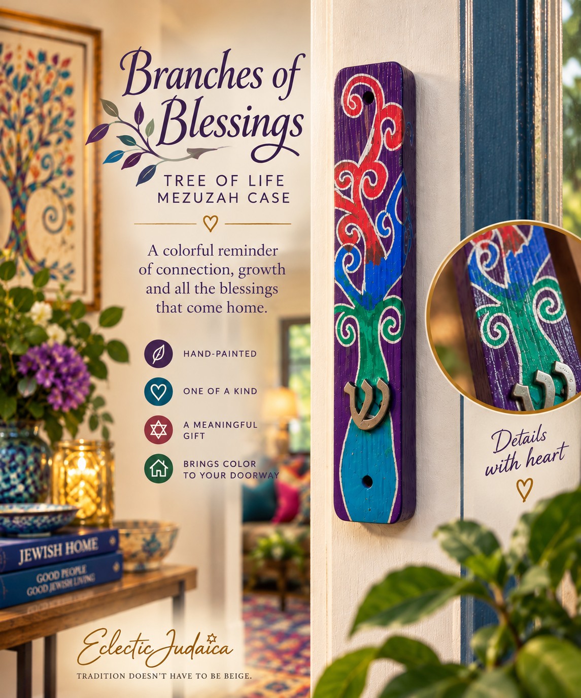 Promo graphic for the Branches of Blessings mezuzah case with feature notes