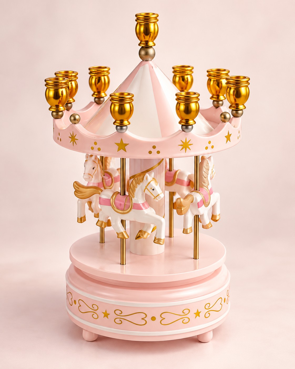 Carousel Music Box Hanukkah Menorah, pink carousel menorah with gold candle cups
