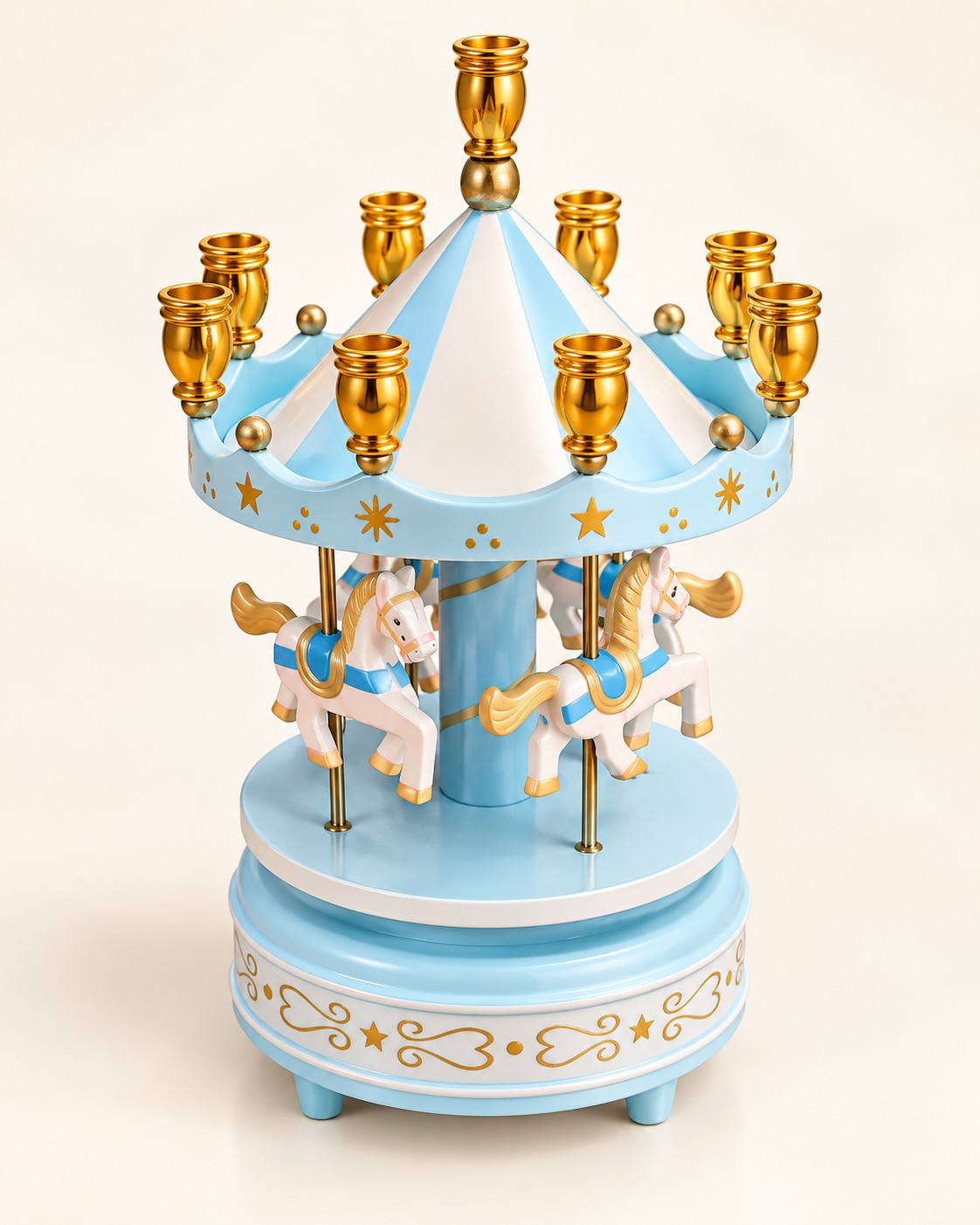 Carousel Music Box Hanukkah Menorah, blue carousel menorah with gold candle cups