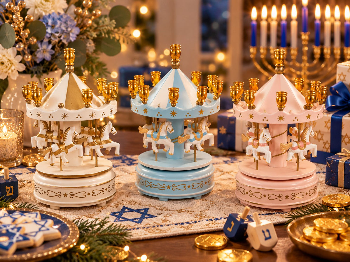 Carousel Music Box Hanukkah Menorah, carousel menorahs on a holiday table