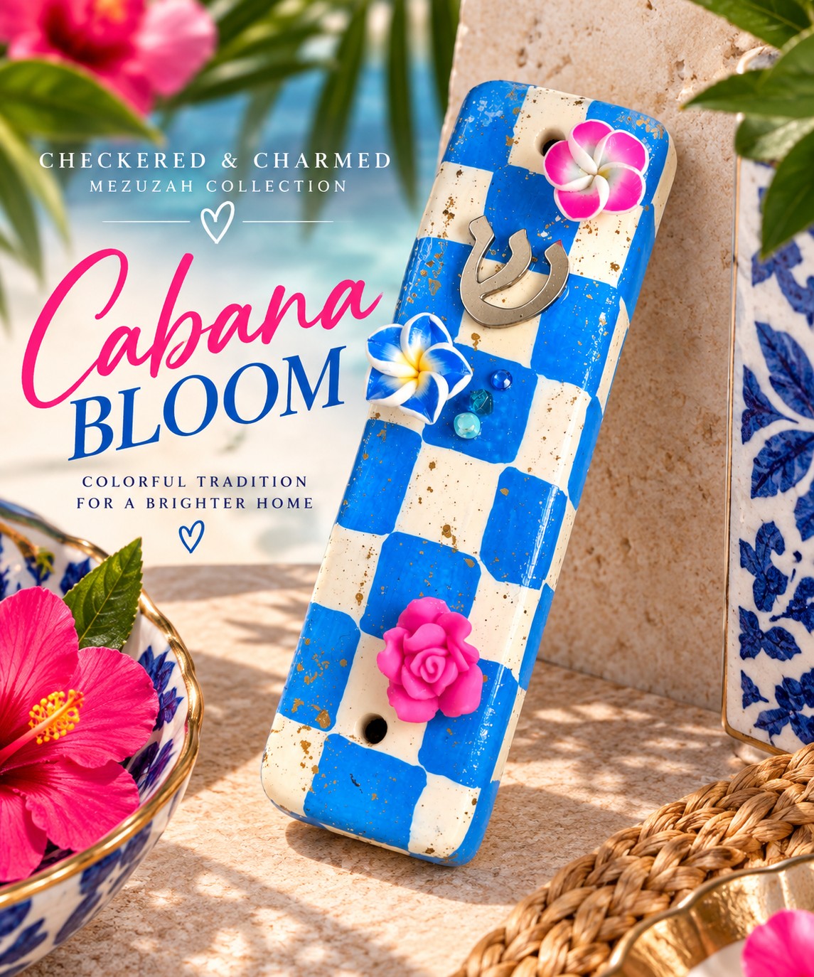 Checkered & Charmed Ceramic Mezuzah Collection, Cabana Bloom mezuzah with title