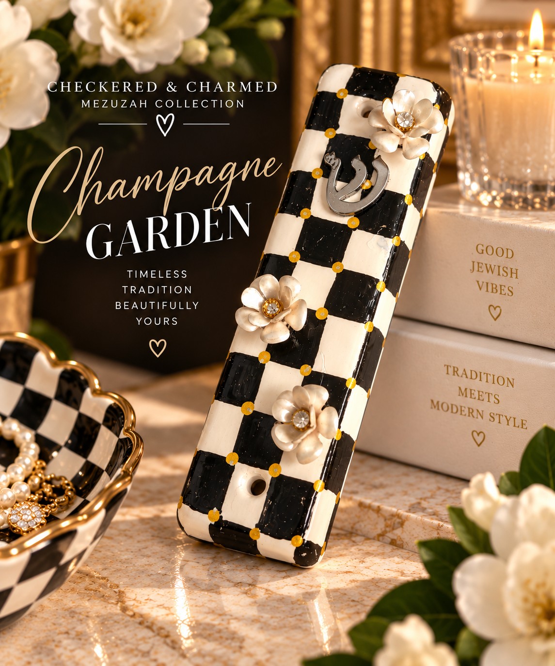 Checkered & Charmed Ceramic Mezuzah Collection, Champagne Garden mezuzah with title
