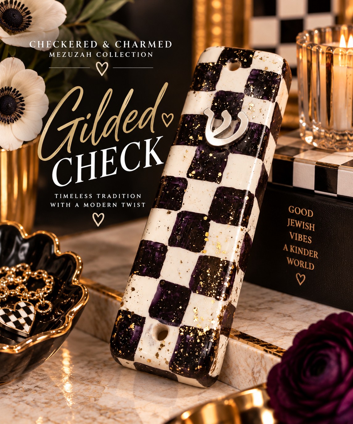 Checkered & Charmed Ceramic Mezuzah Collection, Gilded Check mezuzah with title