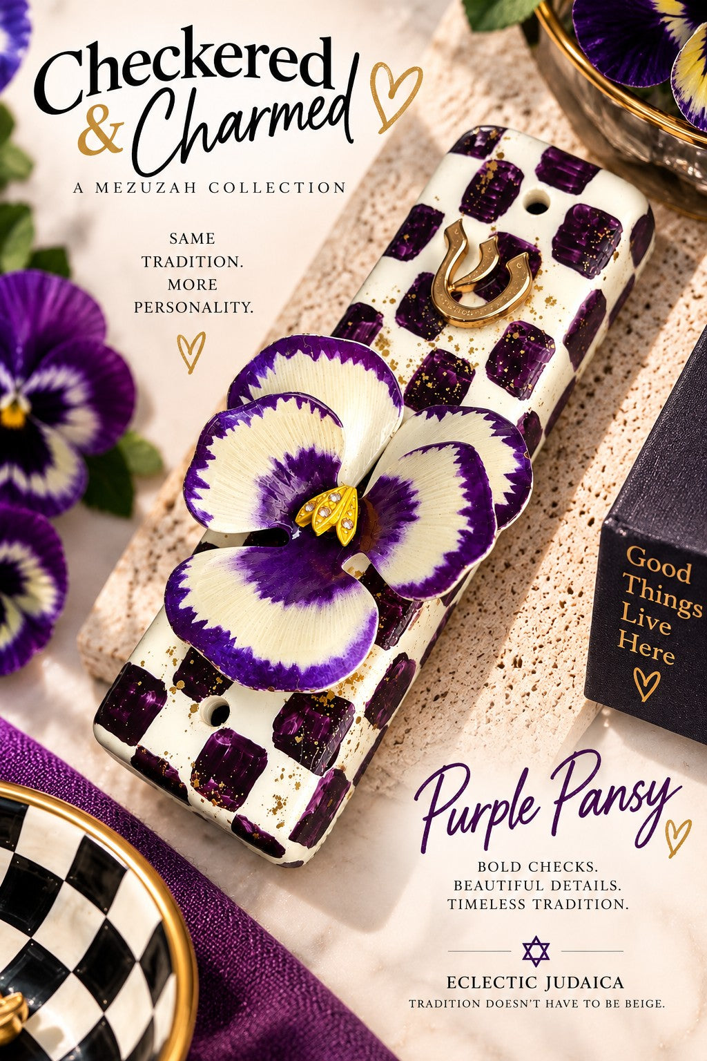 Checkered & Charmed Ceramic Mezuzah Collection, Purple Pansy mezuzah with title