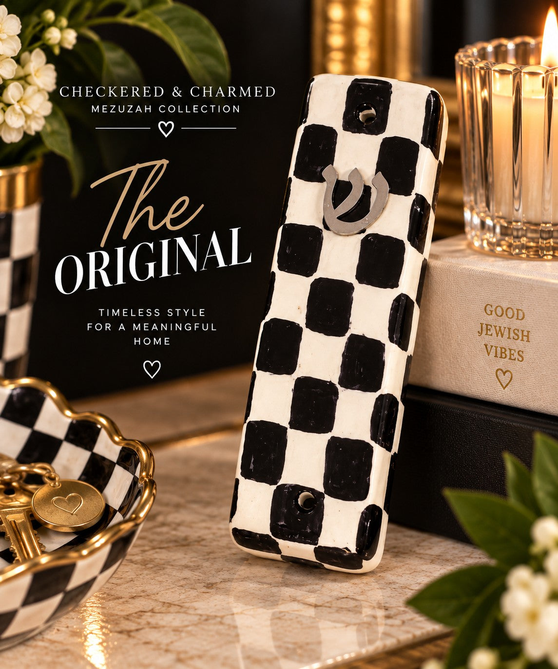 Checkered & Charmed Ceramic Mezuzah Collection, The Original black and white checkered mezuzah