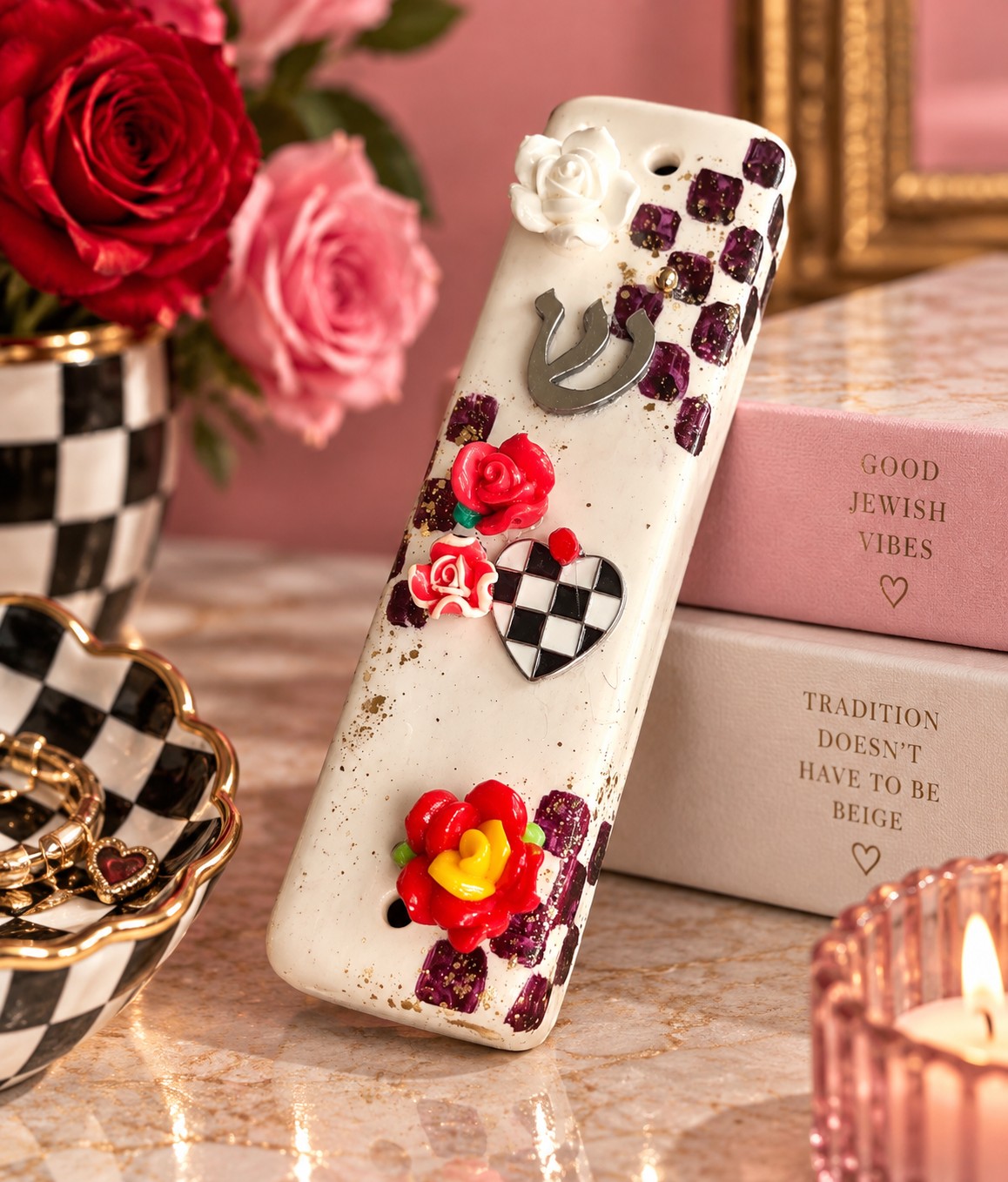 Checkered & Charmed Ceramic Mezuzah Collection, white mezuzah with red roses and checkered heart