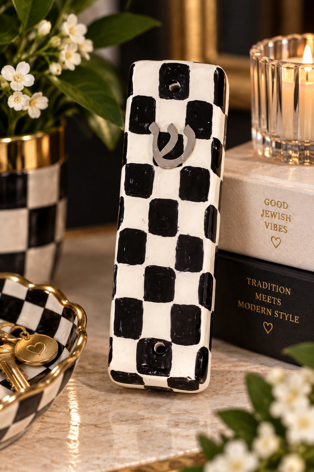 Checkered & Charmed Ceramic Mezuzah Collection, black and white checkered mezuzah case